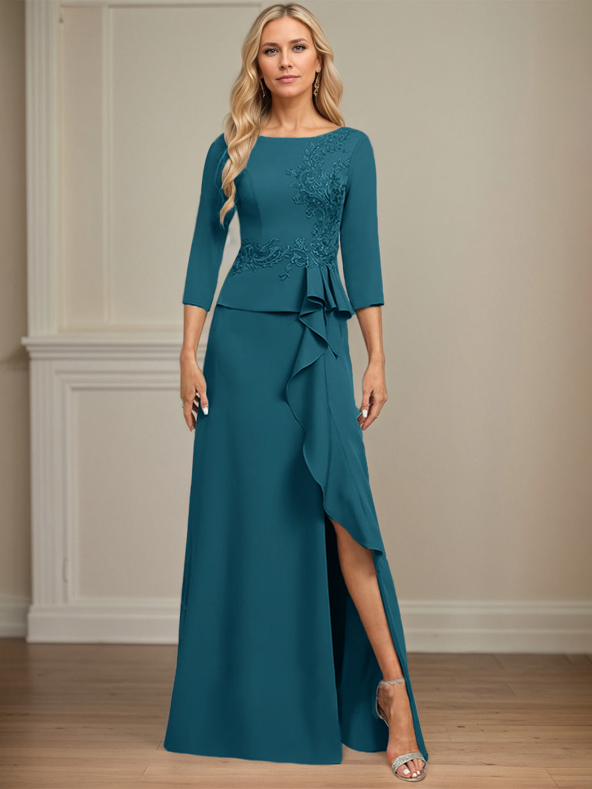 Column Scoop Floor-Length Stretch Crepe Dress With Cascading Ruffles Appliques