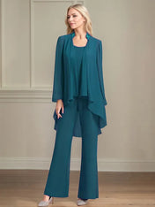 Chiffon Scoop Neck Long Sleeves Floor Length Mother Of The Bride Pantsuits