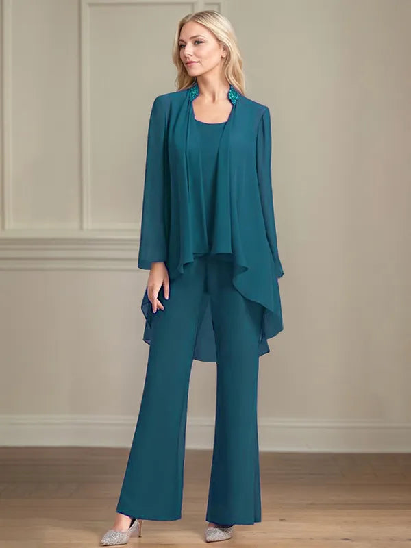 Chiffon Scoop Neck Long Sleeves Floor Length Mother Of The Bride Pantsuits