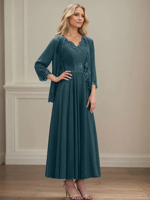 A-line V-Neck Ankle-Length Chiffon Mother of the Bride Dress With Sequins Appliques Lace Beading