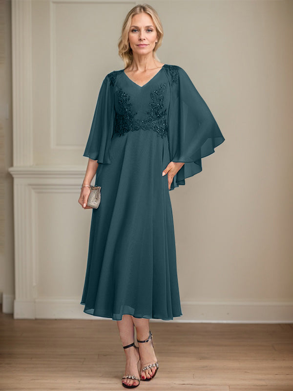 A-line V-Neck Tea-Length Chiffon Lace Mother of the Bride Dress With Beading Sequins