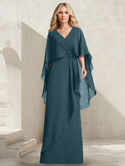 A-line V-Neck Floor-Length Chiffon Mother of the Bride Dress With Cascading Ruffles Beading
