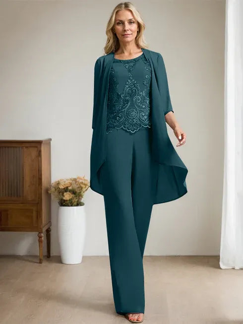 Pantsuit Scoop Floor-Length Chiffon Lace Mother of the Bride Dress With Beading Sequins
