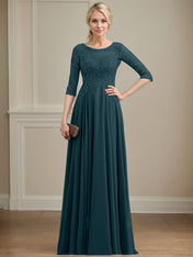 A-line Scoop Illusion Floor-Length Lace Chiffon Mother of the Bride Dress With Sequins