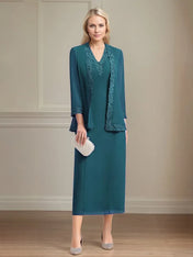 Sheath/Column Chiffon V Neck 3/4 Sleeves Tea Length Mother Of The Bride Dress