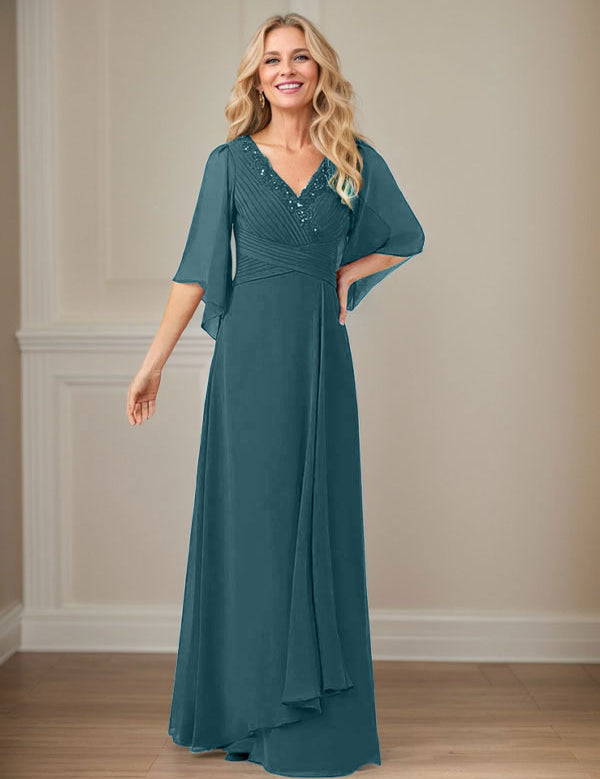 Robe mère de la mariée longue en mousseline à paillettes et col en V