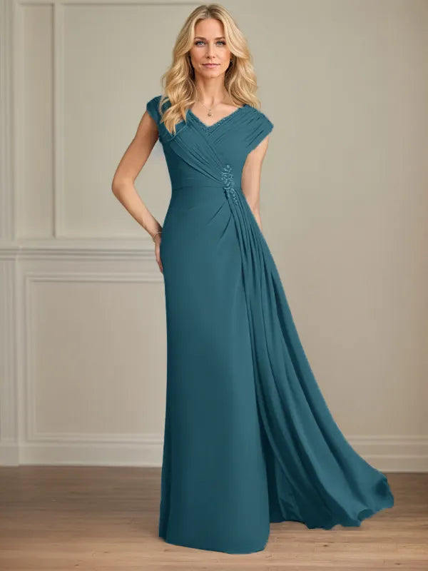 Column Chiffon V Neck Sleeveless Floor Length Mother of the Bride Dresses