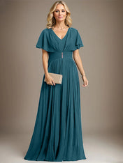 A-line V-Neck Floor-Length Chiffon Mother of the Bride Dress With Crystal Brooch Pleated