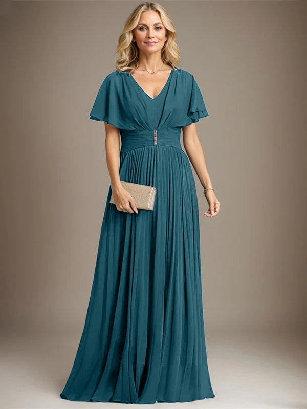 A-line V-Neck Floor-Length Chiffon Mother of the Bride Dress With Crystal Brooch Pleated