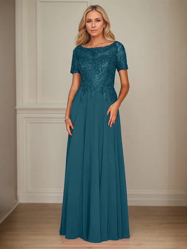A Line Chiffon Boat Neck Short Sleeves Floor Length Mother of the Bride Dresses