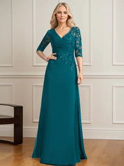 Robe de mère de la mariée trapèze, col en V, longueur au sol, en mousseline de soie et dentelle, avec sequins plissés 