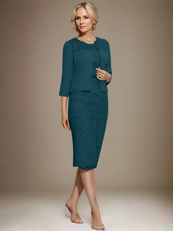 Column Scoop Knee-Length Chiffon Lace Mother of the Bride Dress With Beading