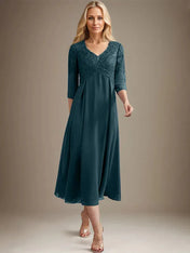 A-line V-Neck Tea-Length Chiffon Lace Mother of the Bride Dress With Beading