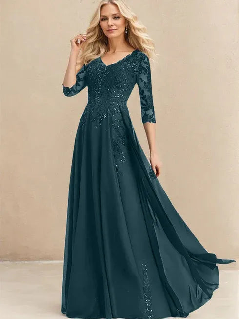 A-line V-Neck Floor-Length Lace Chiffon Mother of the Bride Dress With Sequins