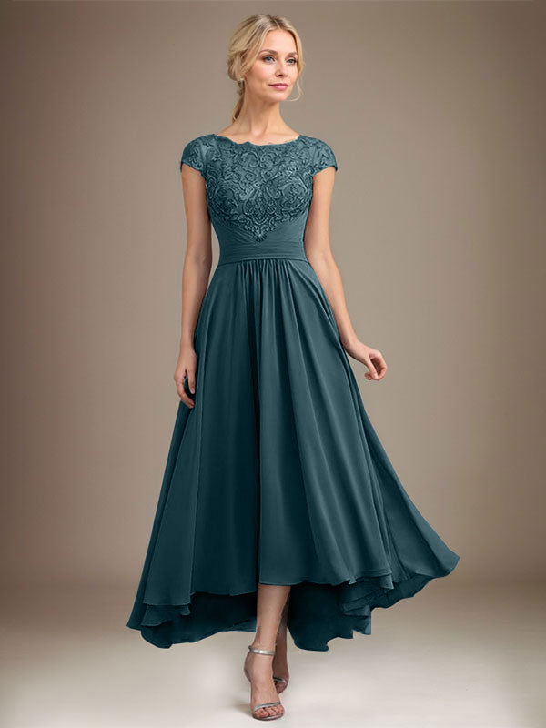 A-line Scoop Illusion Asymmetrical Lace Chiffon Mother of the Bride Dress With Pleated