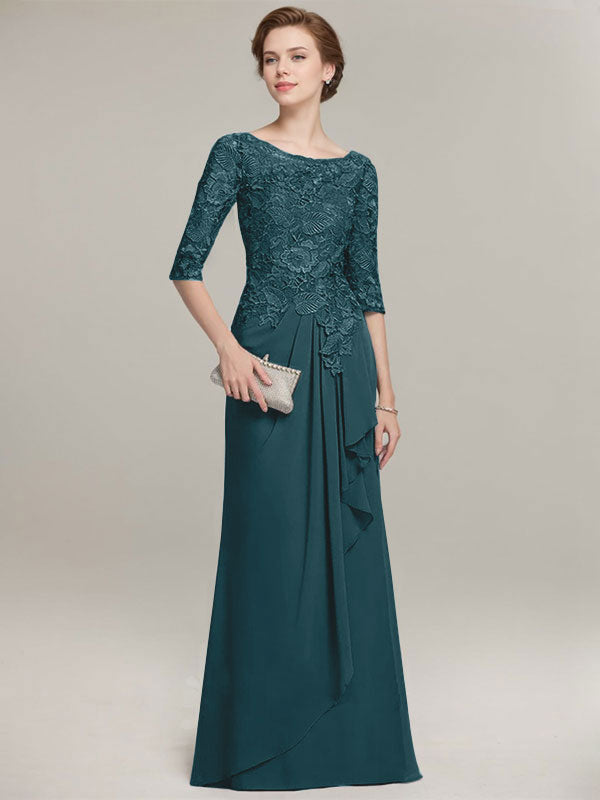 A-line Scoop Illusion Floor-Length Lace Chiffon Mother of the Bride Dress With Cascading Ruffles