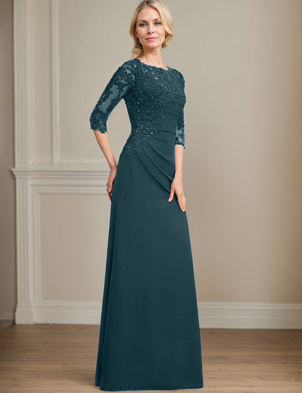 Robe de mère de la mariée trapèze en mousseline de soie et dentelle, longueur au sol, avec perles et paillettes plissées