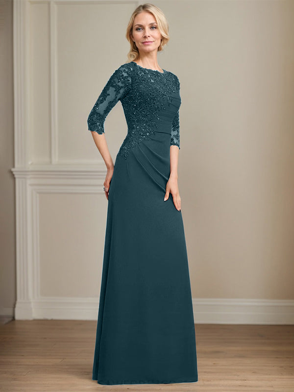 A-line Scoop Floor-Length Chiffon Lace Mother of the Bride Dress With Beading Pleated Sequins