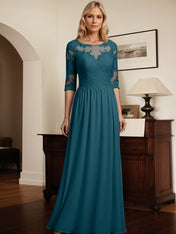 A-Line Scoop Neck 1/2 Sleeves Chiffon Mother Of The Bride Dresses With Lace Appliques