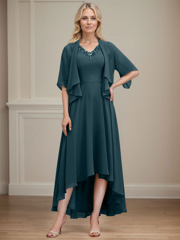A-line V-Neck Asymmetrical Chiffon Mother of the Bride Dress With Beading Sequins