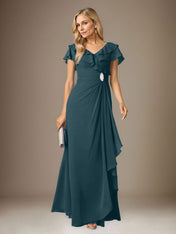 Stormy A-Line V-Neck Ruched Chiffon Dress