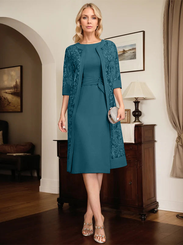 Column Scoop Knee-Length Chiffon Mother of the Bride Dress With Pleated Sequins