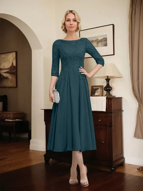 A-line Scoop Illusion Tea-Length Chiffon Lace Mother of the Bride Dress With Beading Sequins