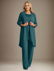 Chiffon Scoop Long Sleeves Mother Of The Bride Pantsuits With Jacket