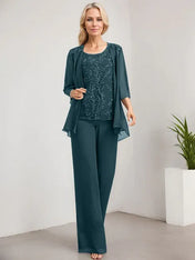 Separates Jumpsuit/Pantsuit Scoop Floor-Length Lace Chiffon Mother of the Bride Dress With Sequins