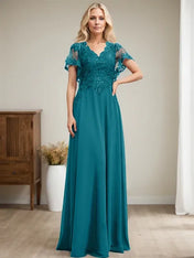 A-line V-Neck Floor-Length Lace Chiffon Mother of the Bride Dress With Sequins
