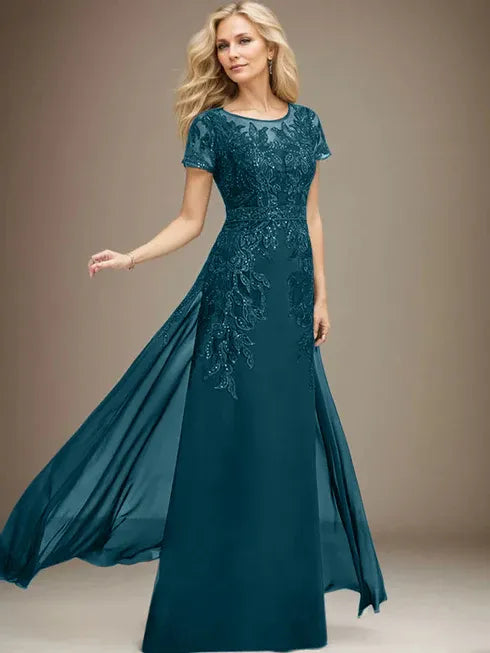 Column Scoop Illusion Floor-Length Lace Chiffon Mother of the Bride Dress With Sequins