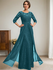 A-Line Scoop Illusion Floor-Length Lace Chiffon Mother Of the Bride Dress With Beading Ruffles