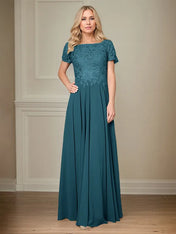 A Line Chiffon Boat Neck Short Sleeves Floor Length Pleated Mother of the Bride Dresses