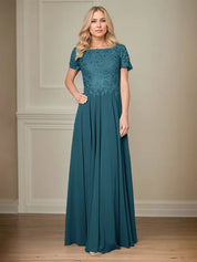 A Line Chiffon Boat Neck Short Sleeves Floor Length Pleated Mother of the Bride Dresses