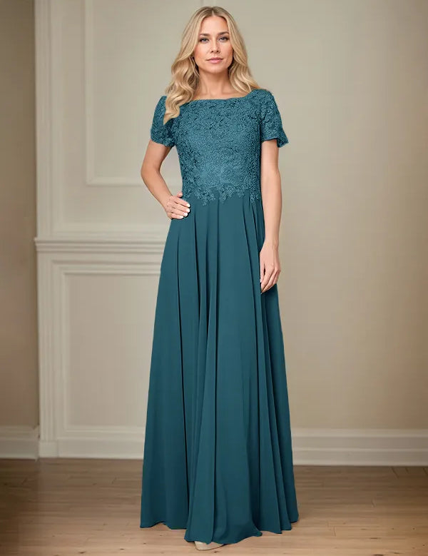 A Line Chiffon Boat Neck Short Sleeves Floor Length Pleated Mother of the Bride Dresses