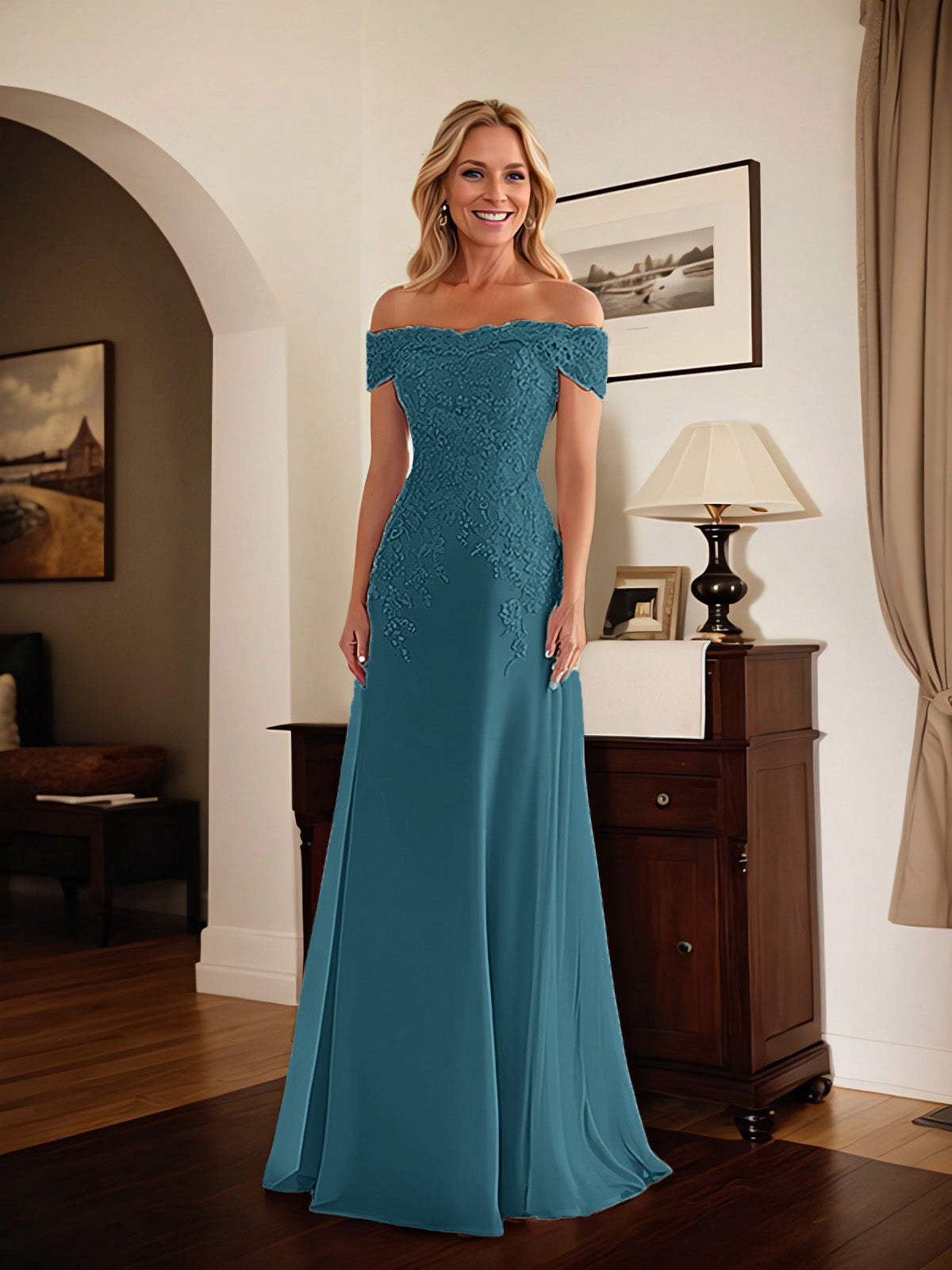 Elegant Taupe Off The Shoulder Sheath Mother of the Bride Dress with Lace