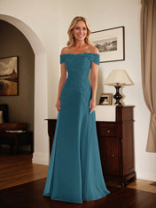 Elegant Taupe Off The Shoulder Sheath Mother of the Bride Dress with Lace