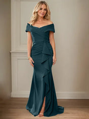 Sheath/Column V-Neck Illusion Floor-Length Lace Chiffon Mother of the Bride Dress With Pleated Sequins