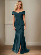 Sheath/Column V-Neck Illusion Floor-Length Lace Chiffon Mother of the Bride Dress With Pleated Sequins