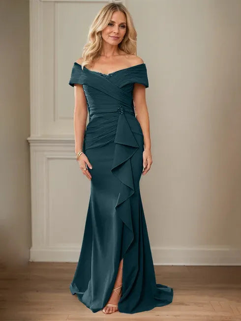 Column V-Neck Illusion Floor-Length Lace Chiffon Mother of the Bride Dress With Pleated Sequins