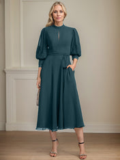 A-line High Neck Tea-Length Lace Chiffon Mother of the Bride Dress With Bow