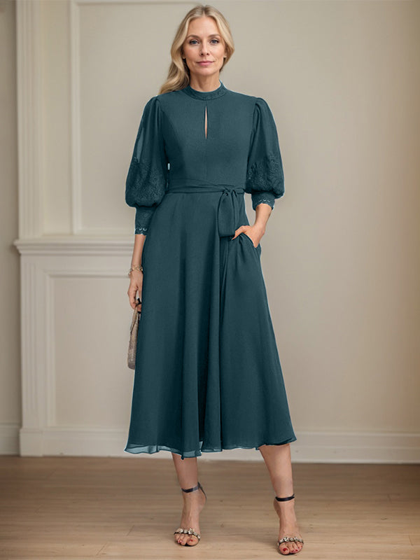 A-line High Neck Tea-Length Lace Chiffon Mother of the Bride Dress With Bow