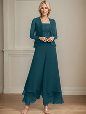 Separates Jumpsuit/Pantsuit Square Ankle-Length Lace Chiffon Mother of the Bride Dress With Sequins