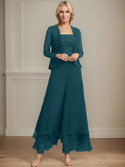 Robe de mère de la mariée en mousseline de soie, longueur cheville, avec sequins, combinaison/tailleur carré 