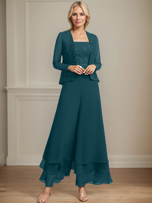 Pantsuit Square Ankle-Length Lace Chiffon Mother of the Bride Dress With Sequins