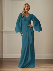Sheath/Column Chiffon V Neck Long Sleeves Floor Length Mother of the Bride Dresses With Appliques