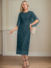 Sheath/Column Scoop Tea-Length Lace Chiffon Mother of the Bride Dress