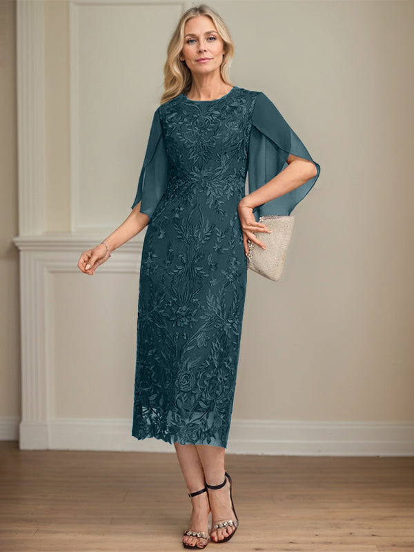 Column Scoop Tea-Length Lace Chiffon Mother of the Bride Dress