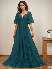 A-line V-Neck Floor-Length Chiffon Mother of the Bride Dress With Sequins Appliques Lace Pleated