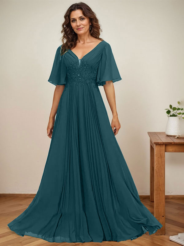 A-line V-Neck Floor-Length Chiffon Mother of the Bride Dress With Sequins Appliques Lace Pleated